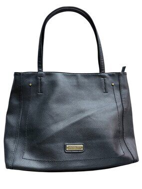 London Fog Black Vegan Leather Hobo Shoulder Bag Gold Hardware Purse Zip Closure